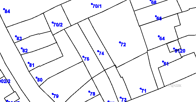 Parcela st. 74 v KÚ Hulín, Katastrální mapa