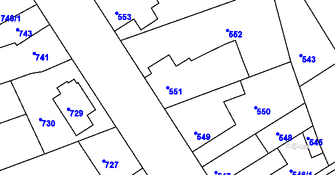 Parcela st. 551 v KÚ Hulín, Katastrální mapa