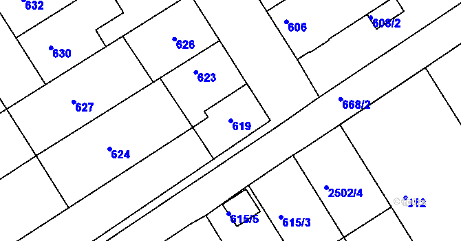 Parcela st. 619 v KÚ Hulín, Katastrální mapa