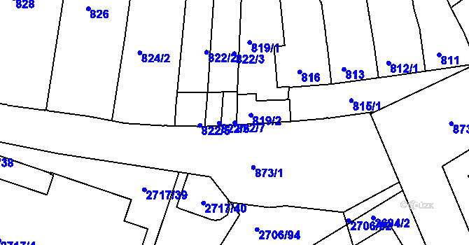 Parcela st. 822/7 v KÚ Hulín, Katastrální mapa
