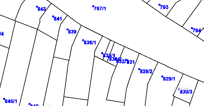 Parcela st. 833/1 v KÚ Hulín, Katastrální mapa