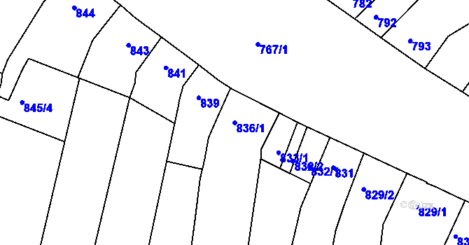 Parcela st. 836/1 v KÚ Hulín, Katastrální mapa
