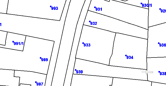 Parcela st. 933 v KÚ Hulín, Katastrální mapa