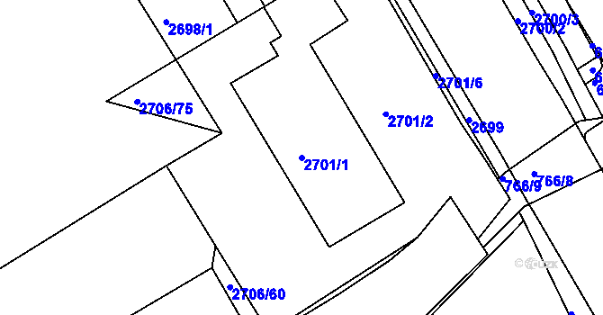 Parcela st. 2701/1 v KÚ Hulín, Katastrální mapa