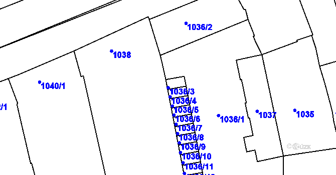 Parcela st. 1036/3 v KÚ Hulín, Katastrální mapa