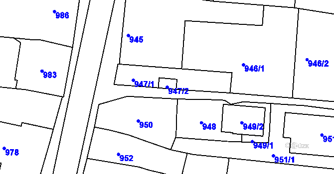 Parcela st. 947/2 v KÚ Hulín, Katastrální mapa