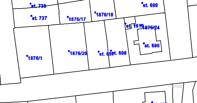 Parcela st. 697 v KÚ Humpolec, Katastrální mapa