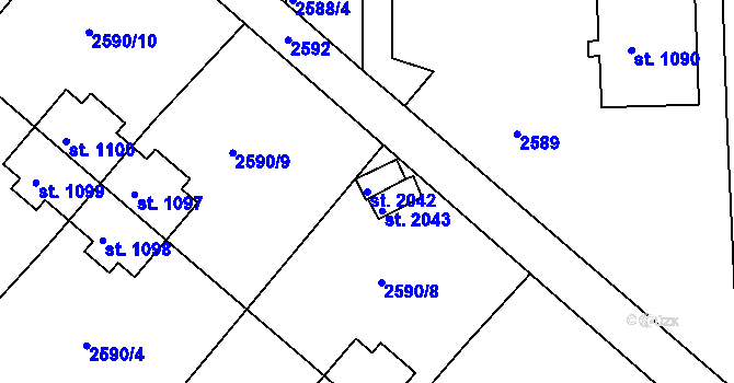Parcela st. 2042 v KÚ Humpolec, Katastrální mapa