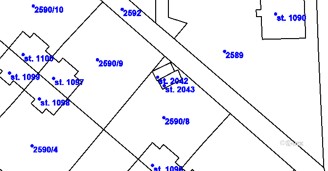 Parcela st. 2043 v KÚ Humpolec, Katastrální mapa