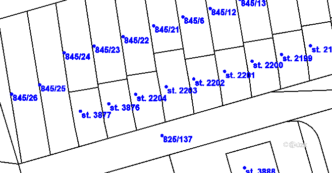 Parcela st. 2203 v KÚ Humpolec, Katastrální mapa