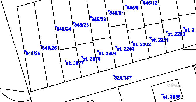 Parcela st. 2204 v KÚ Humpolec, Katastrální mapa
