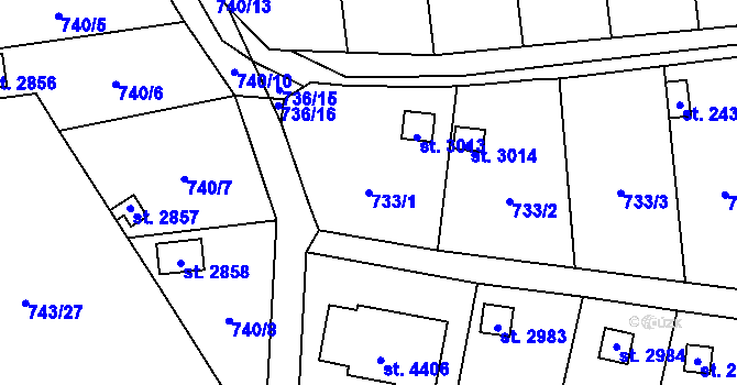 Parcela st. 733/1 v KÚ Humpolec, Katastrální mapa