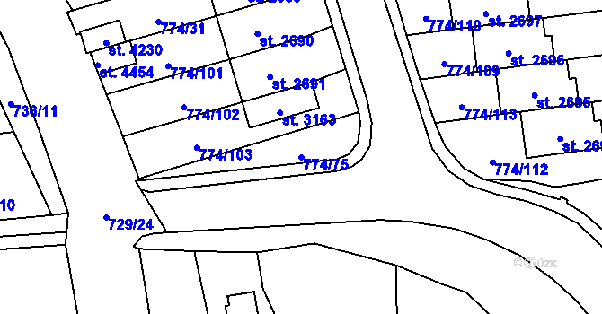 Parcela st. 774/75 v KÚ Humpolec, Katastrální mapa