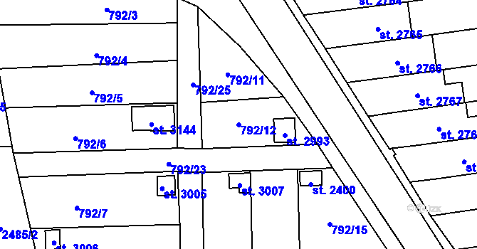 Parcela st. 792/12 v KÚ Humpolec, Katastrální mapa