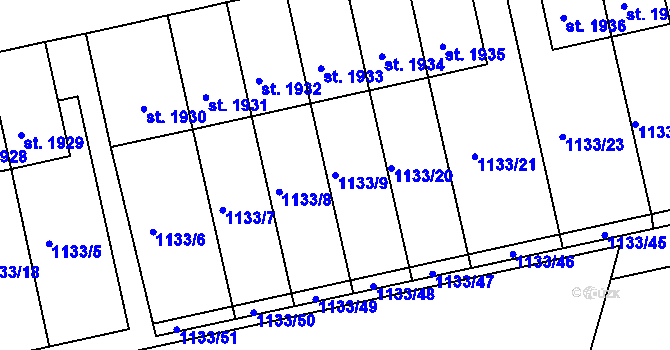 Parcela st. 1133/9 v KÚ Humpolec, Katastrální mapa
