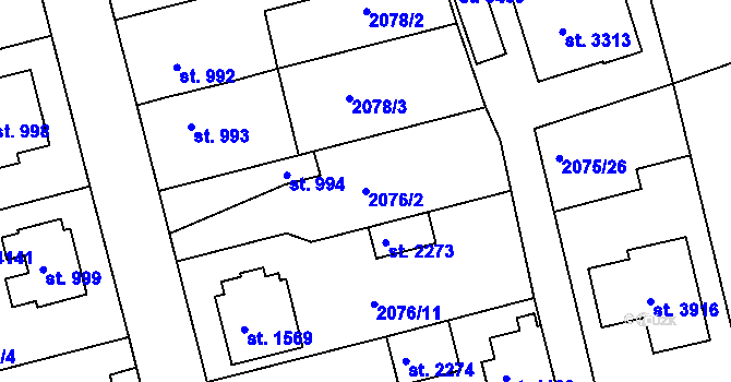Parcela st. 2076/2 v KÚ Humpolec, Katastrální mapa