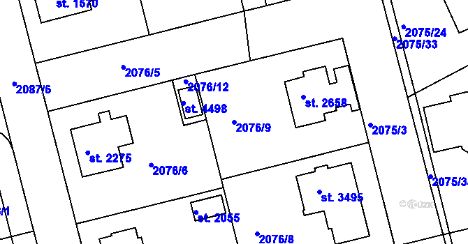 Parcela st. 2076/9 v KÚ Humpolec, Katastrální mapa