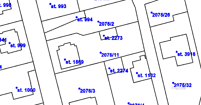 Parcela st. 2076/11 v KÚ Humpolec, Katastrální mapa