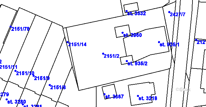 Parcela st. 2151/2 v KÚ Humpolec, Katastrální mapa