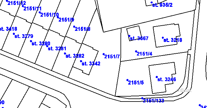 Parcela st. 2151/7 v KÚ Humpolec, Katastrální mapa