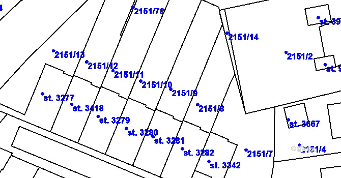 Parcela st. 2151/9 v KÚ Humpolec, Katastrální mapa