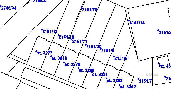 Parcela st. 2151/10 v KÚ Humpolec, Katastrální mapa