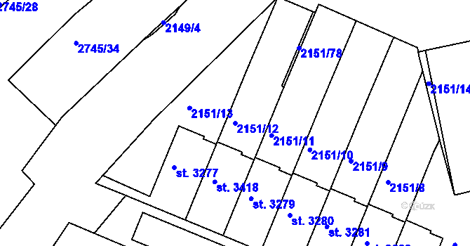 Parcela st. 2151/12 v KÚ Humpolec, Katastrální mapa