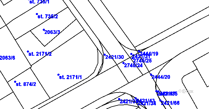 Parcela st. 2421/30 v KÚ Humpolec, Katastrální mapa
