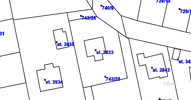 Parcela st. 3833 v KÚ Humpolec, Katastrální mapa