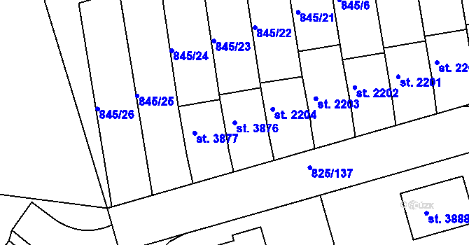 Parcela st. 3876 v KÚ Humpolec, Katastrální mapa