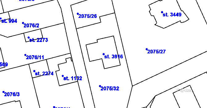 Parcela st. 3916 v KÚ Humpolec, Katastrální mapa