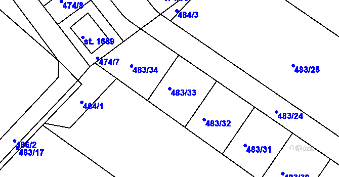 Parcela st. 483/33 v KÚ Humpolec, Katastrální mapa