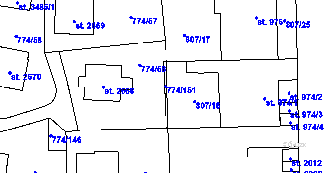 Parcela st. 774/151 v KÚ Humpolec, Katastrální mapa