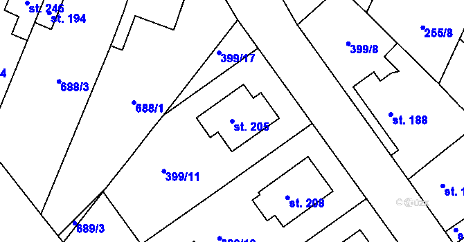 Parcela st. 205 v KÚ Vilémov u Humpolce, Katastrální mapa