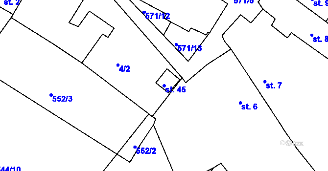 Parcela st. 45 v KÚ Hunčice, Katastrální mapa