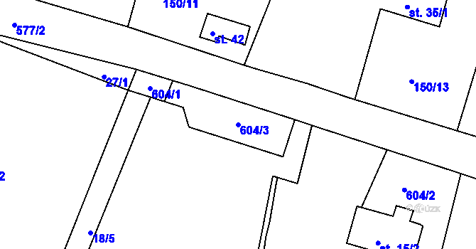 Parcela st. 604/3 v KÚ Hunčice, Katastrální mapa
