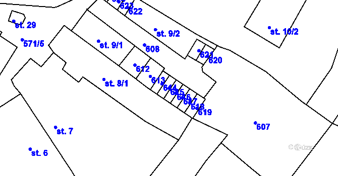 Parcela st. 615 v KÚ Hunčice, Katastrální mapa