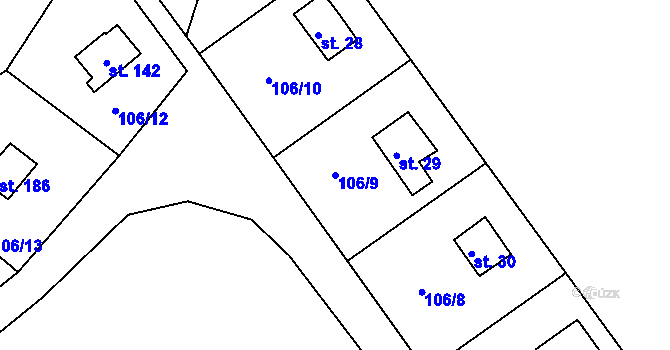 Parcela st. 106/9 v KÚ Těchoděly, Katastrální mapa