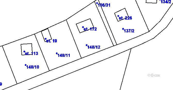 Parcela st. 148/12 v KÚ Těchoděly, Katastrální mapa