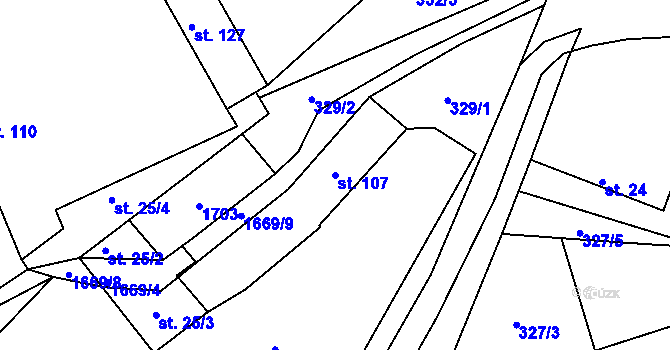 Parcela st. 107 v KÚ Hůrky u Lišova, Katastrální mapa