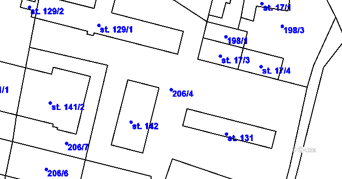Parcela st. 206/4 v KÚ Hůrky u Lišova, Katastrální mapa