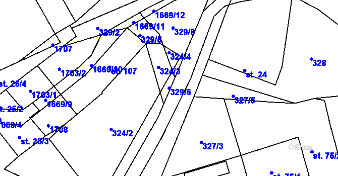 Parcela st. 329/6 v KÚ Hůrky u Lišova, Katastrální mapa