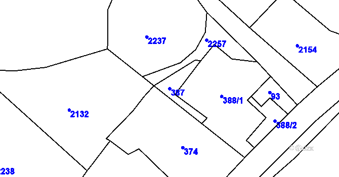 Parcela st. 387 v KÚ Hůrky, Katastrální mapa