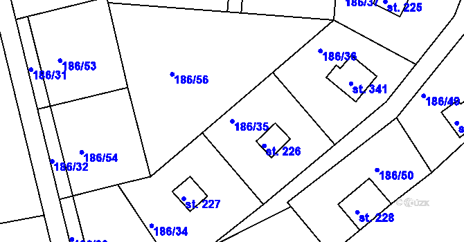 Parcela st. 186/35 v KÚ Hůrky u Rokycan, Katastrální mapa