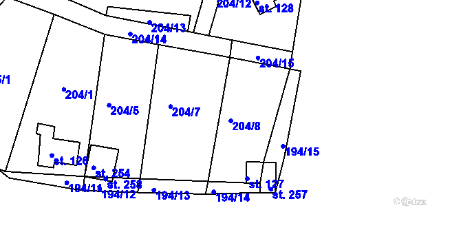 Parcela st. 204/8 v KÚ Hůrky u Rokycan, Katastrální mapa