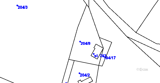 Parcela st. 204/9 v KÚ Hůrky u Rokycan, Katastrální mapa