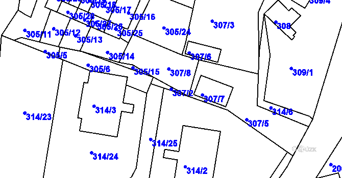 Parcela st. 307/2 v KÚ Hůry, Katastrální mapa