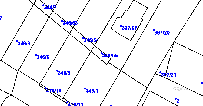 Parcela st. 346/55 v KÚ Hůry, Katastrální mapa