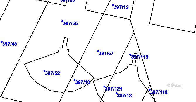 Parcela st. 397/57 v KÚ Hůry, Katastrální mapa