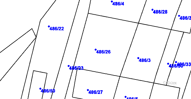 Parcela st. 486/26 v KÚ Hůry, Katastrální mapa